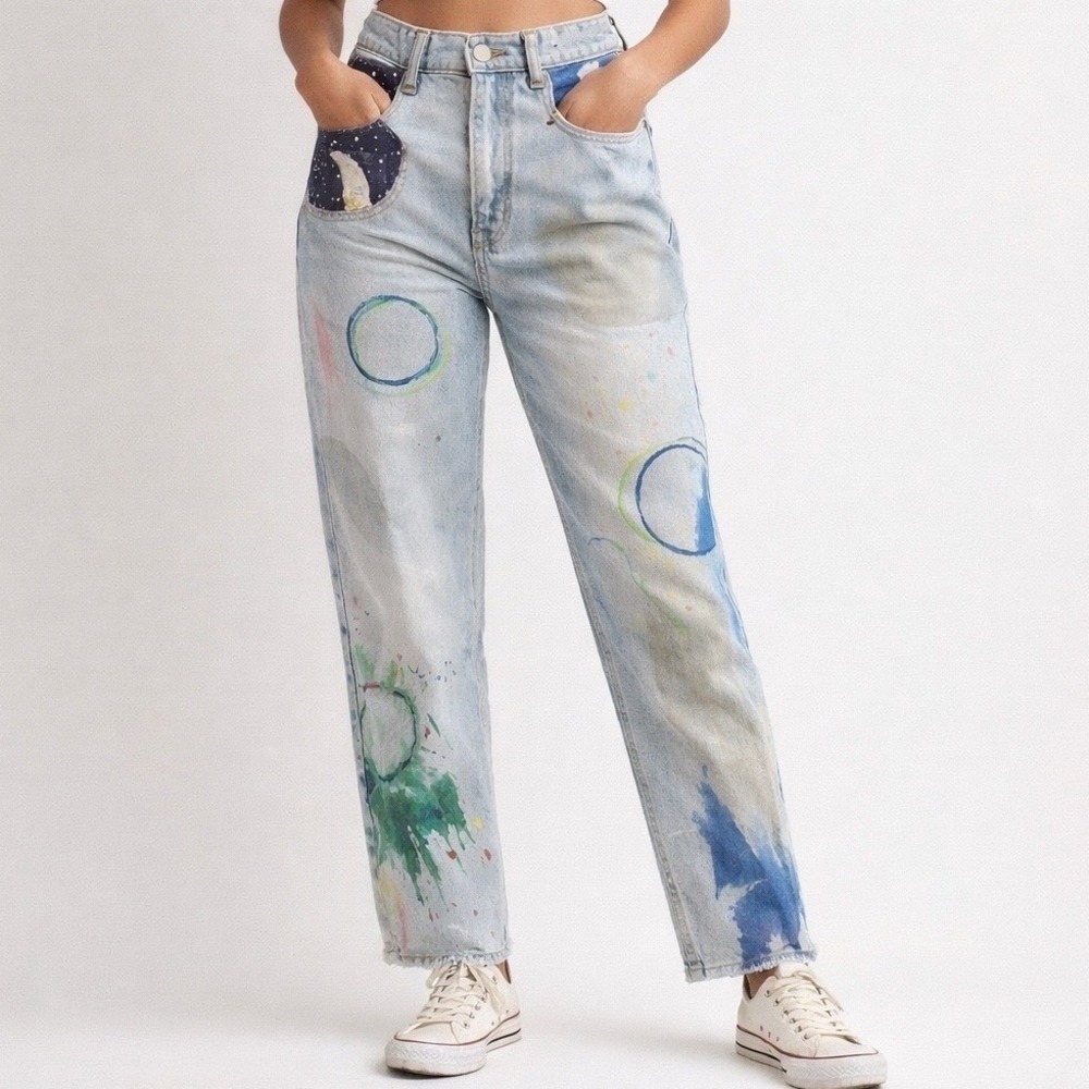 Hollister‎ High Rise Mom Jean W26 L25 Hand Painted, Art Jeans, Unique Upcycled